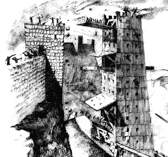 마사다 점령 - 로마군은 비탈길을 만들어 이동식 공성탑을 이용하여 마사다를 점령한다.
